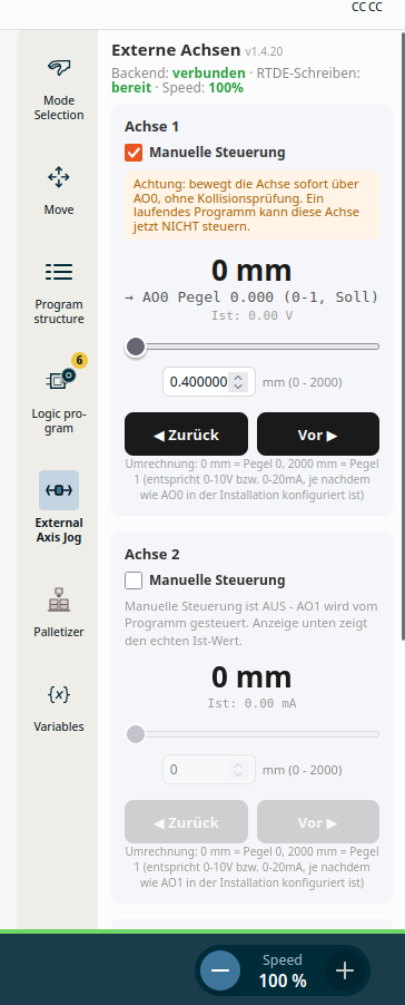 External Axis control – URCap Screenshot 3 für PolyScope X