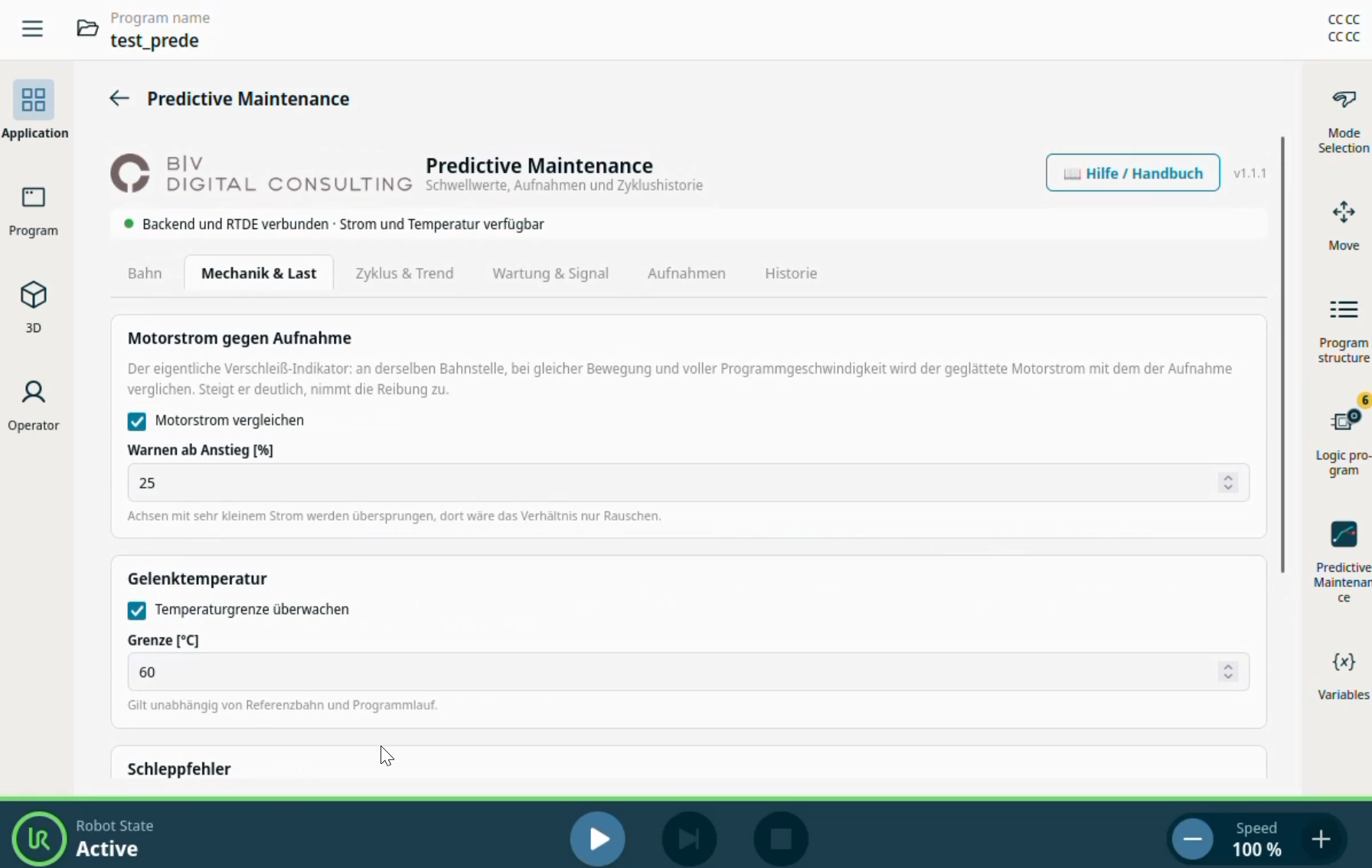 Predictive Maintenance – URCap Screenshot 4 für PolyScope X