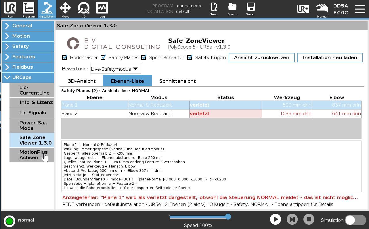 Safe ZoneViewer – URCap Screenshot 3 für PolyScope 5